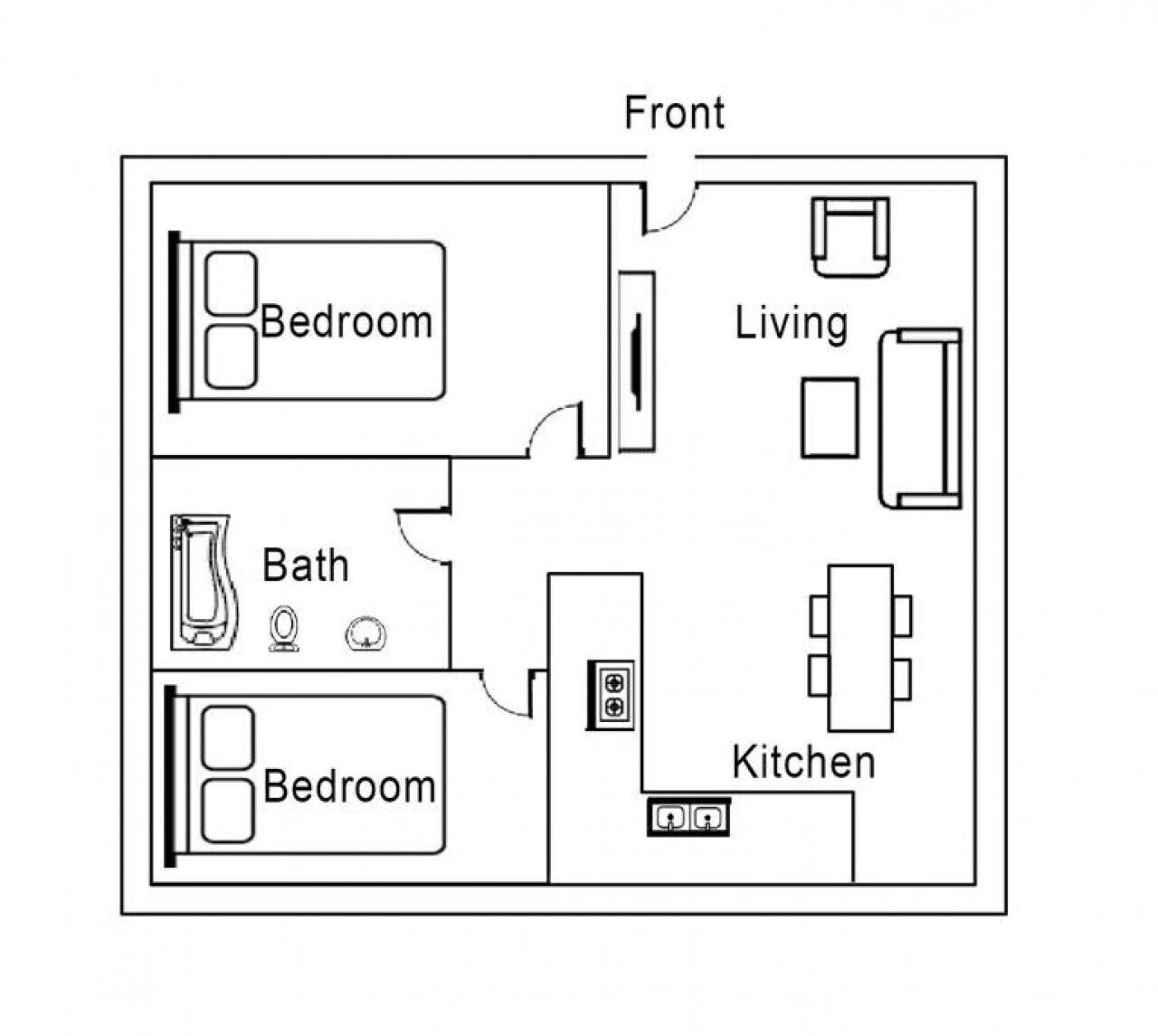 Un plano de planta que muestra dos dormitorios, una sala de estar, una cocina y un baño.