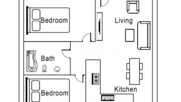 Un plano de planta que muestra dos dormitorios, una sala de estar, una cocina y un baño.