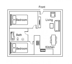 Een plattegrond met twee slaapkamers, een woonkamer, een keuken en een badkamer.