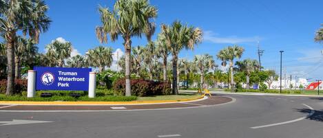 A road leading to Truman Waterfront Park with palm trees and a clear sky.