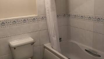 Combined shower/tub, hair dryer, towels