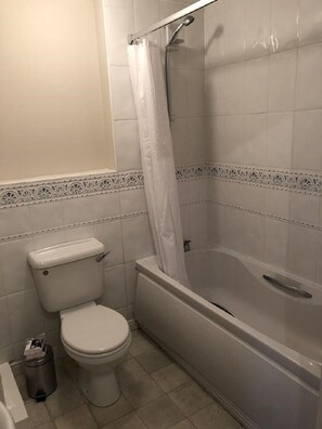 Combined shower/tub, hair dryer, towels
