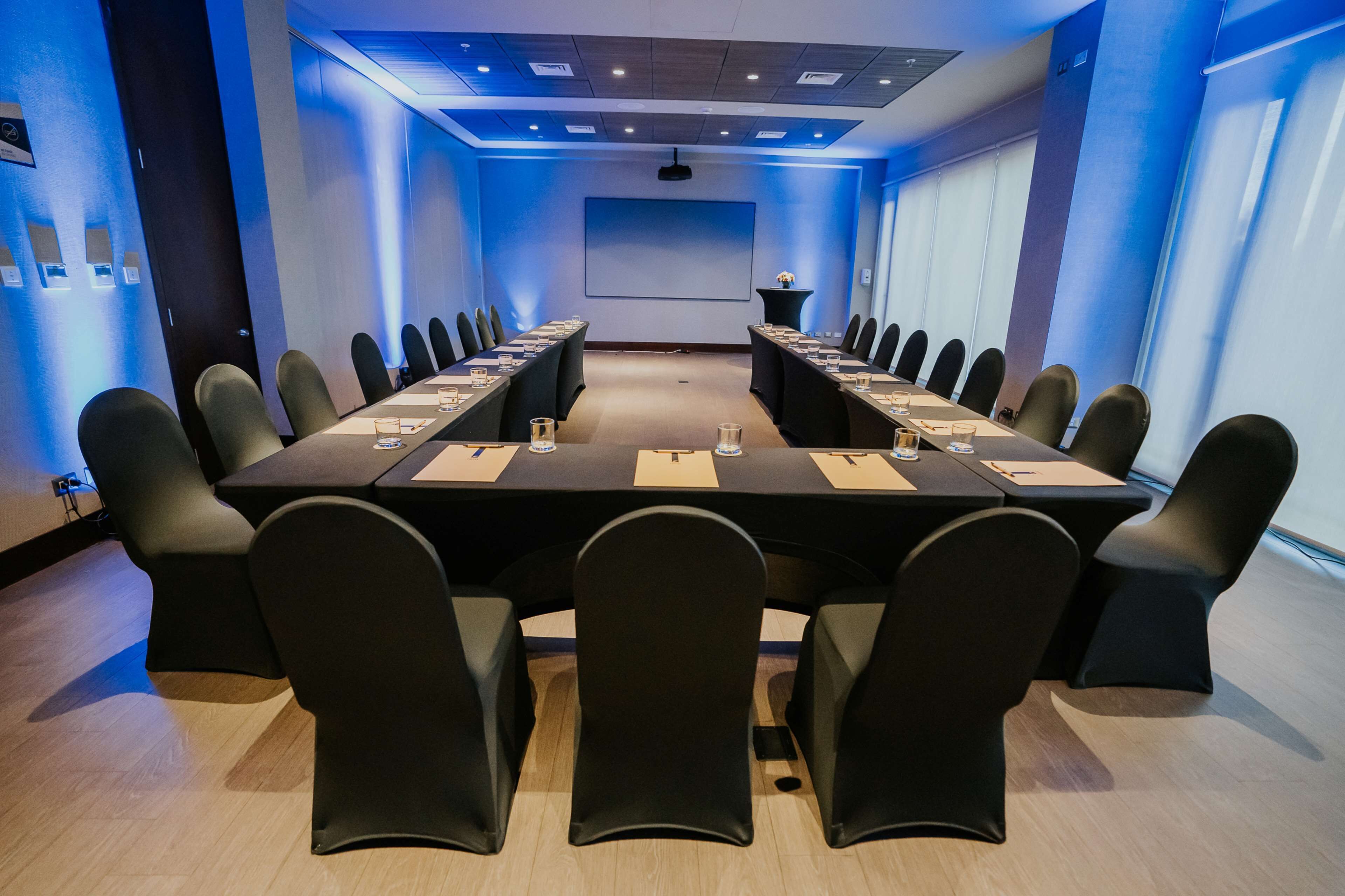 Un salón de conferencias con una larga mesa, sillas negras y una pantalla para proyector.