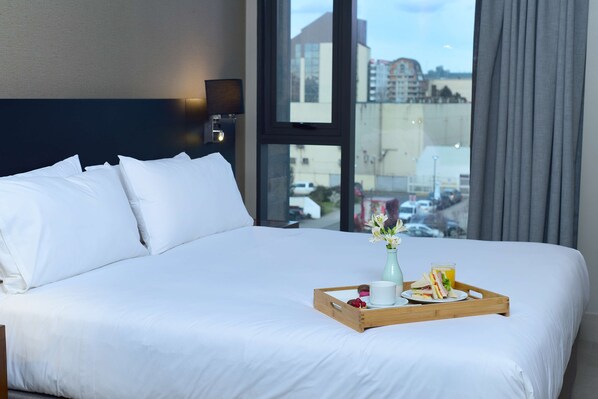 Minibar, espacio para trabajar con laptop y ropa de cama 