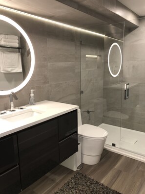 Combined shower/tub, hair dryer, towels, soap
