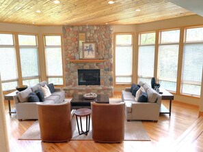 Smart TV, chimenea y libros 