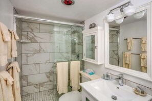 Chuveiro, secador de cabelo, toalhas de banho, shampoo