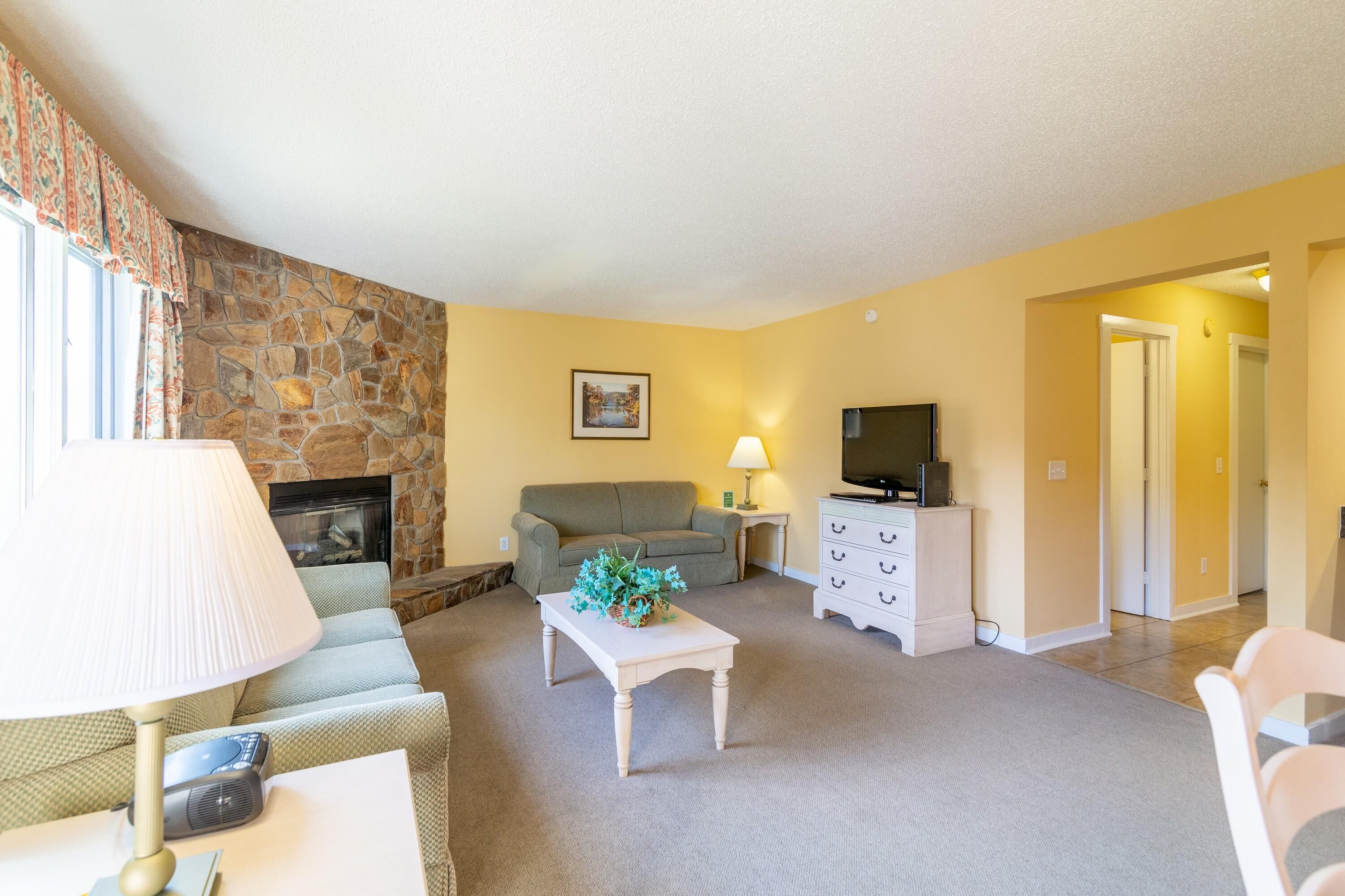 A living room with a stone wall, a sofa, a coffee table with a plant, a TV, and a fireplace.