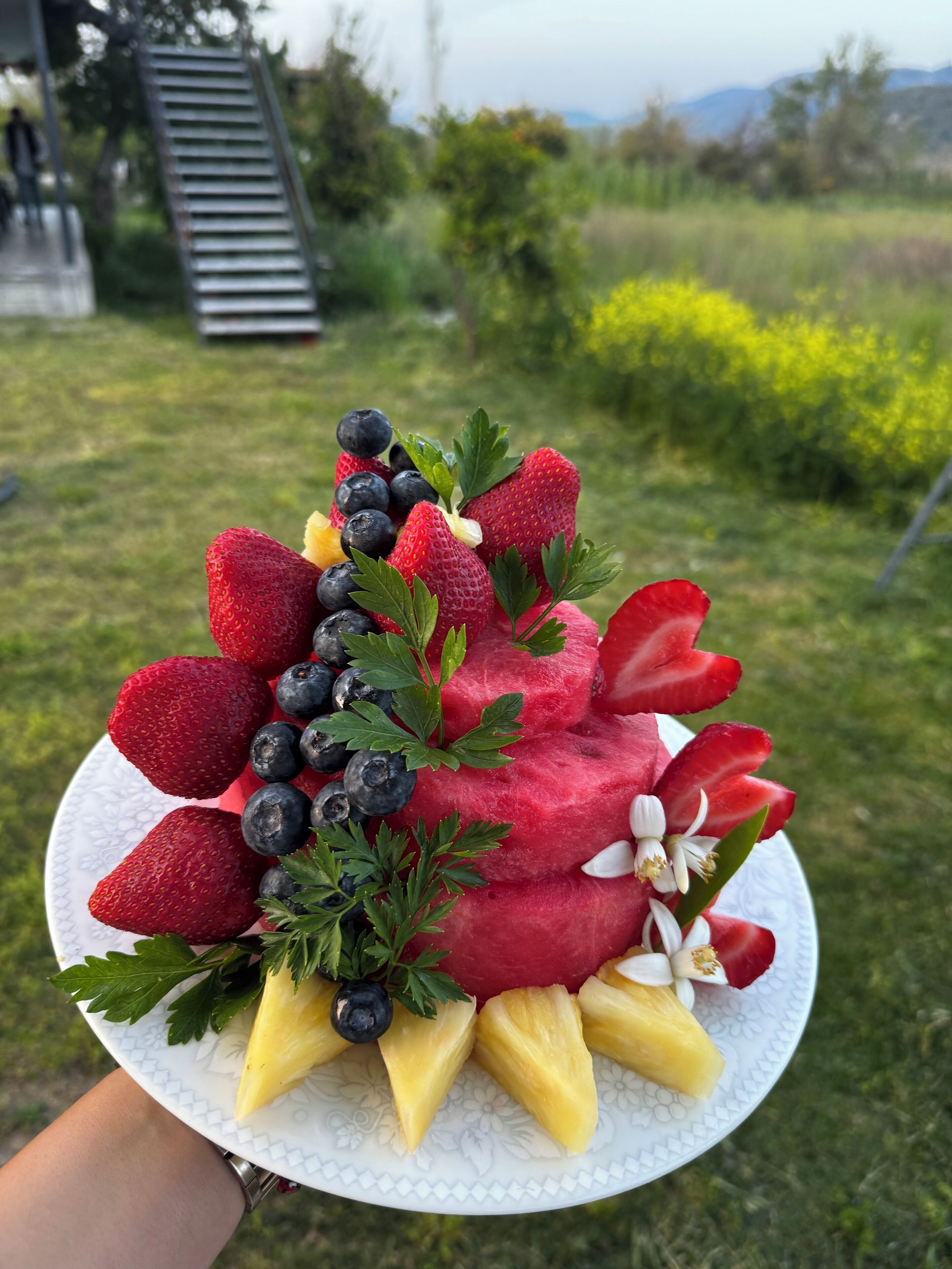 Un plato de fruta con fresas, arándanos, sandía y trozos de piña.