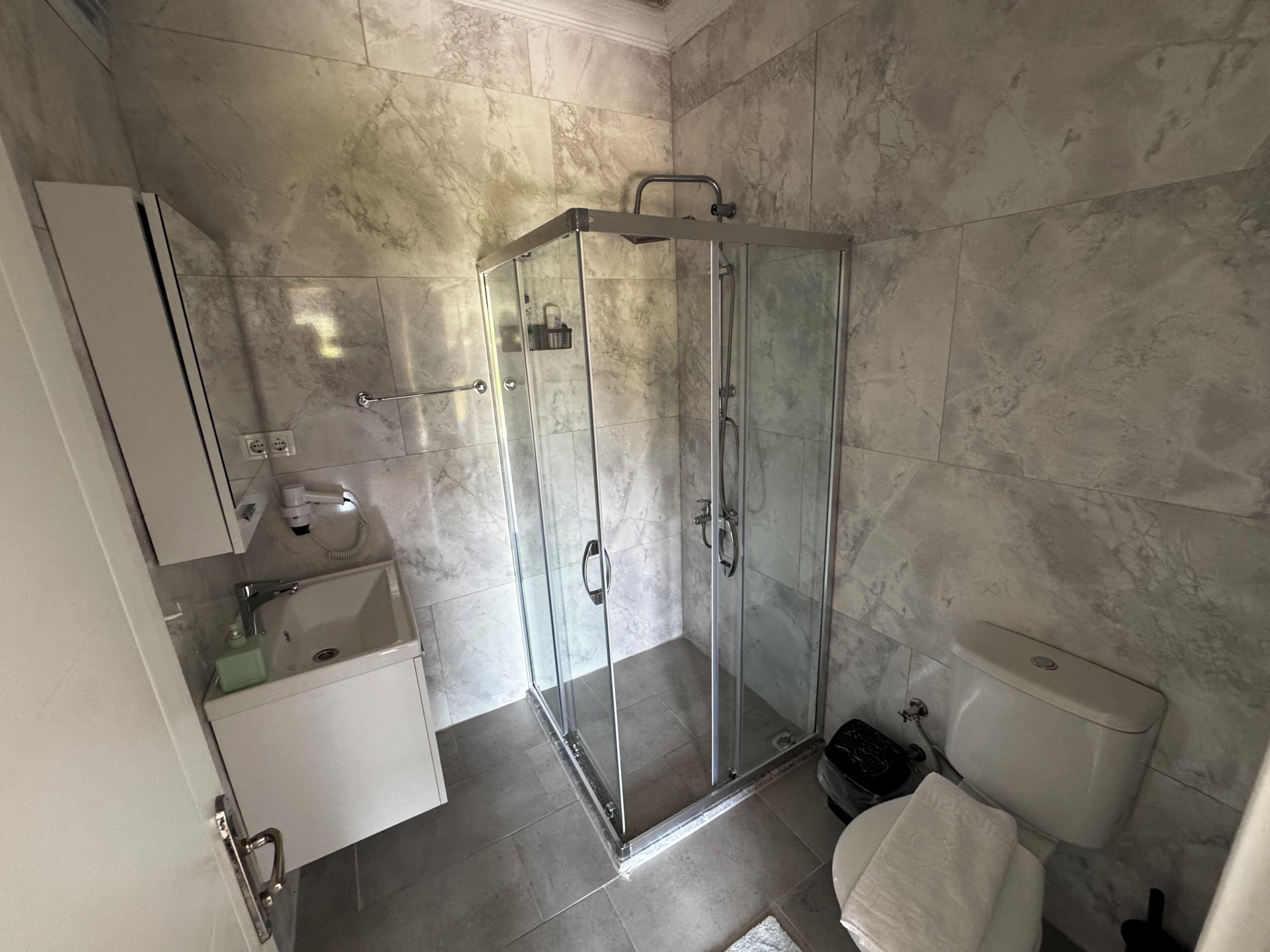 Een moderne badkamer met een douche met glazen wand, een witte wastafel en een toilet.