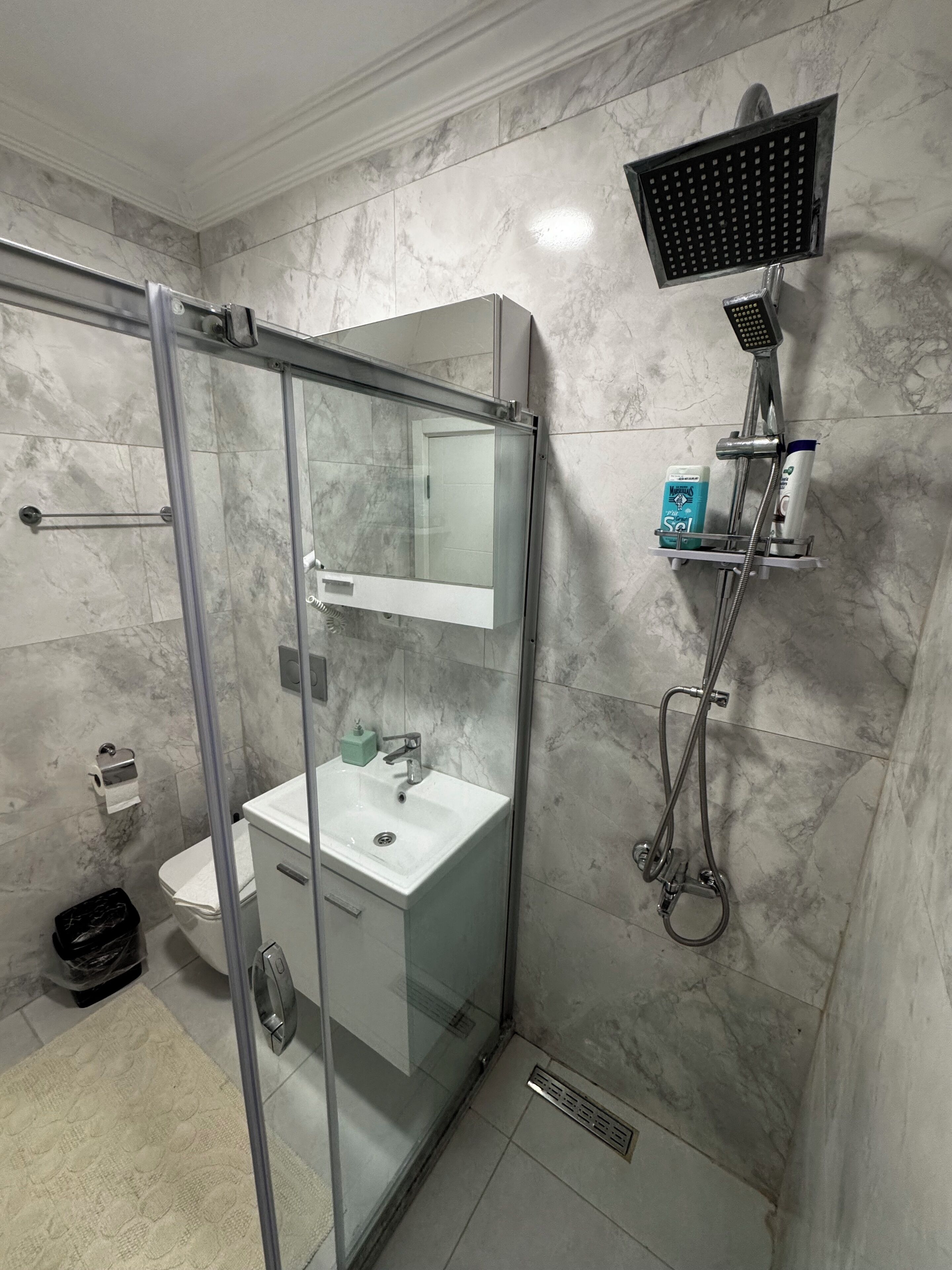 A modern bathroom with a glass-enclosed shower, a white sink, and a handheld showerhead mounted on the wall.