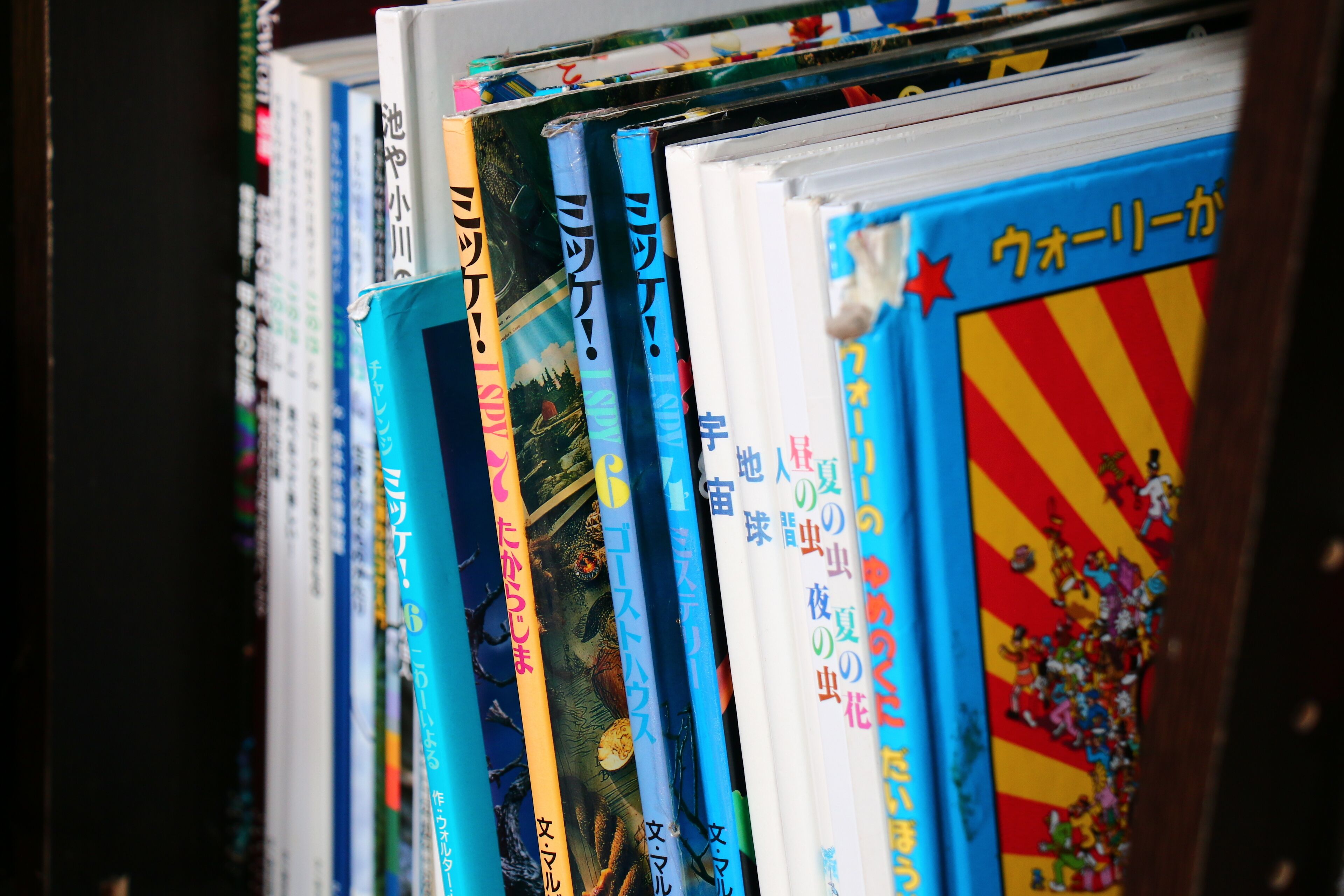 Una estanteria amb diversos llibres, alguns amb títols visibles i altres amb text.