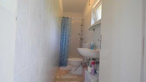 Un baño pequeño con ducha, inodoro y lavabo.