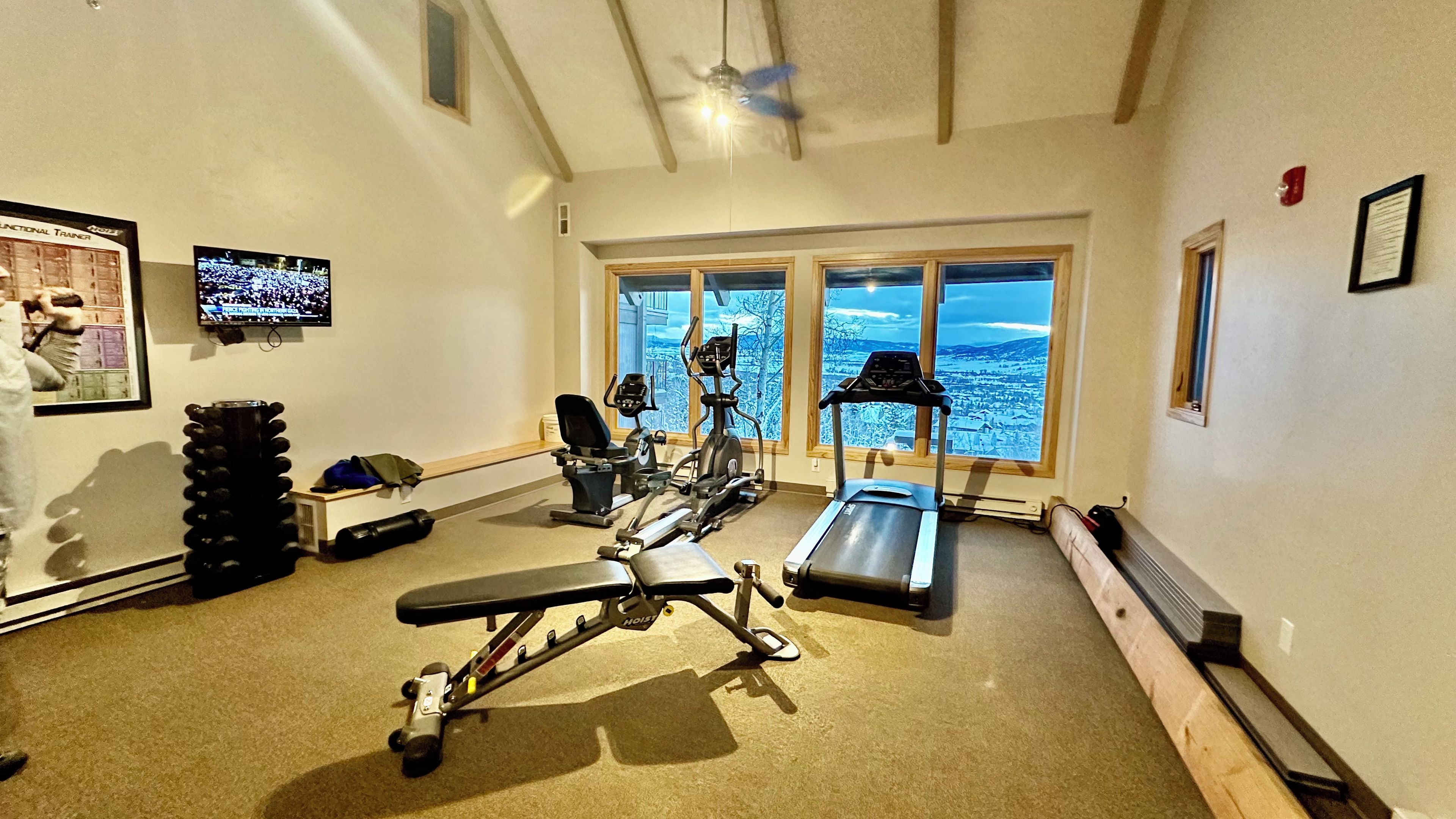 Et fitnessrum med træningsudstyr, løbebånd og store vinduer med udsigt.