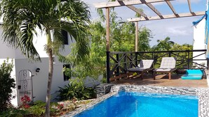 Une piscine avec une terrasse en bois, des chaises longues et une pergola.