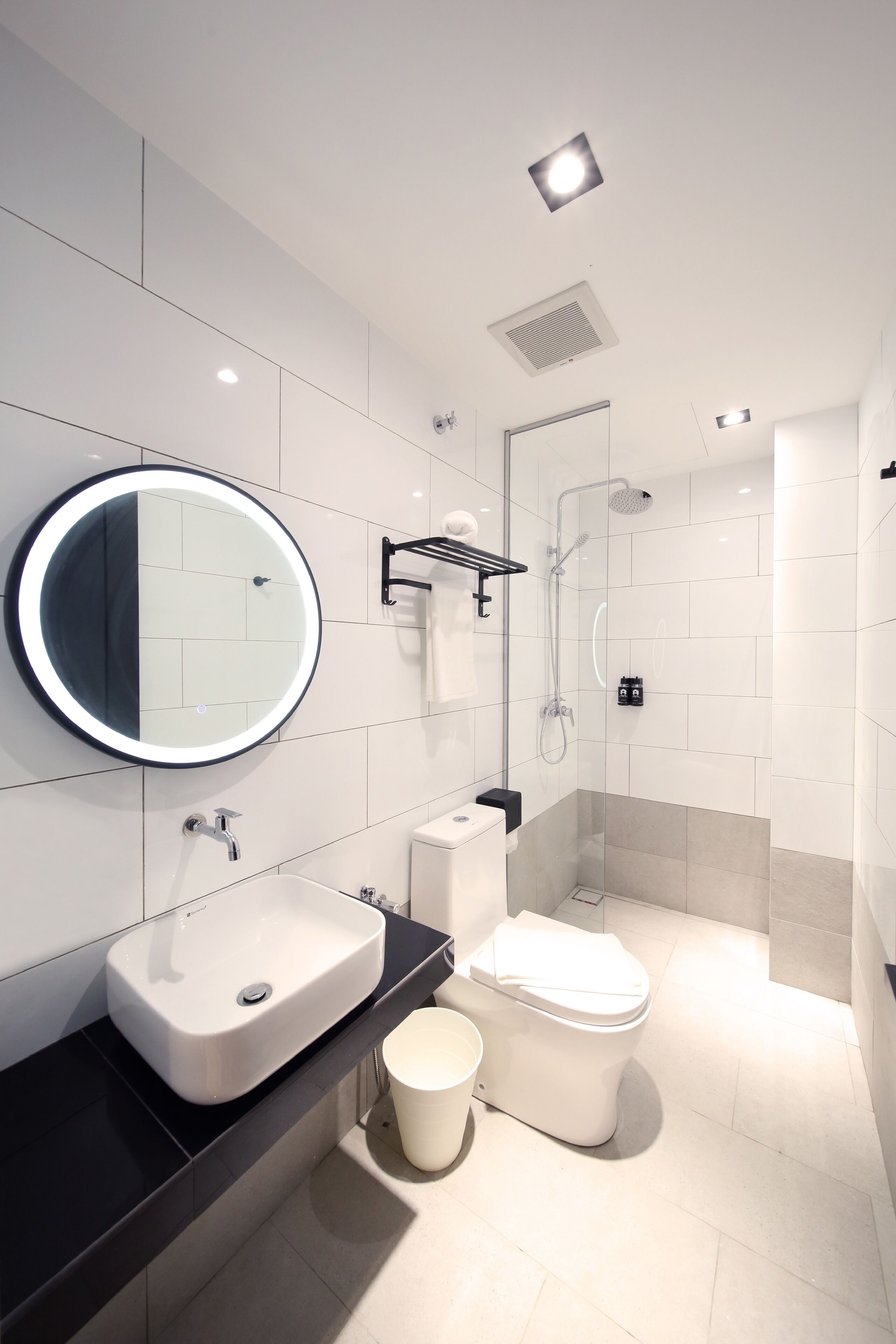 shower, hair dryer, bidet, towels