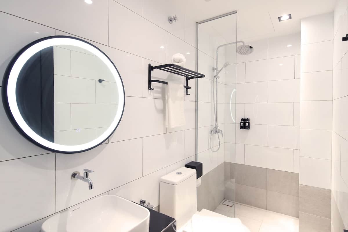 shower, hair dryer, bidet, towels