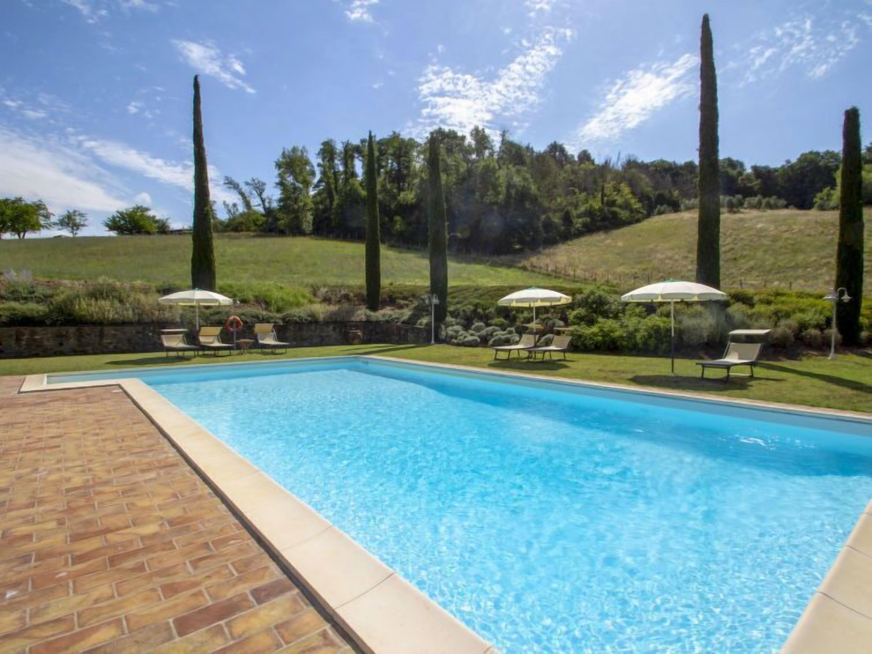 A rectangular swimming pool with clear blue water, surrounded by lounge chairs and umbrellas, set against a backdrop of trees and a grassy hill.