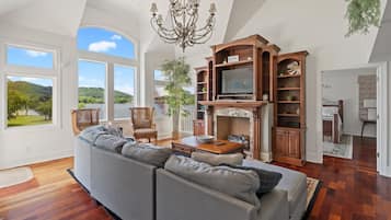 Smart TV, fireplace, books