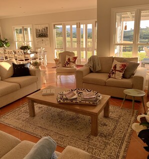 Smart TV, fireplace, books, stereo