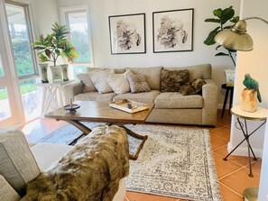 Smart TV, fireplace, books, stereo