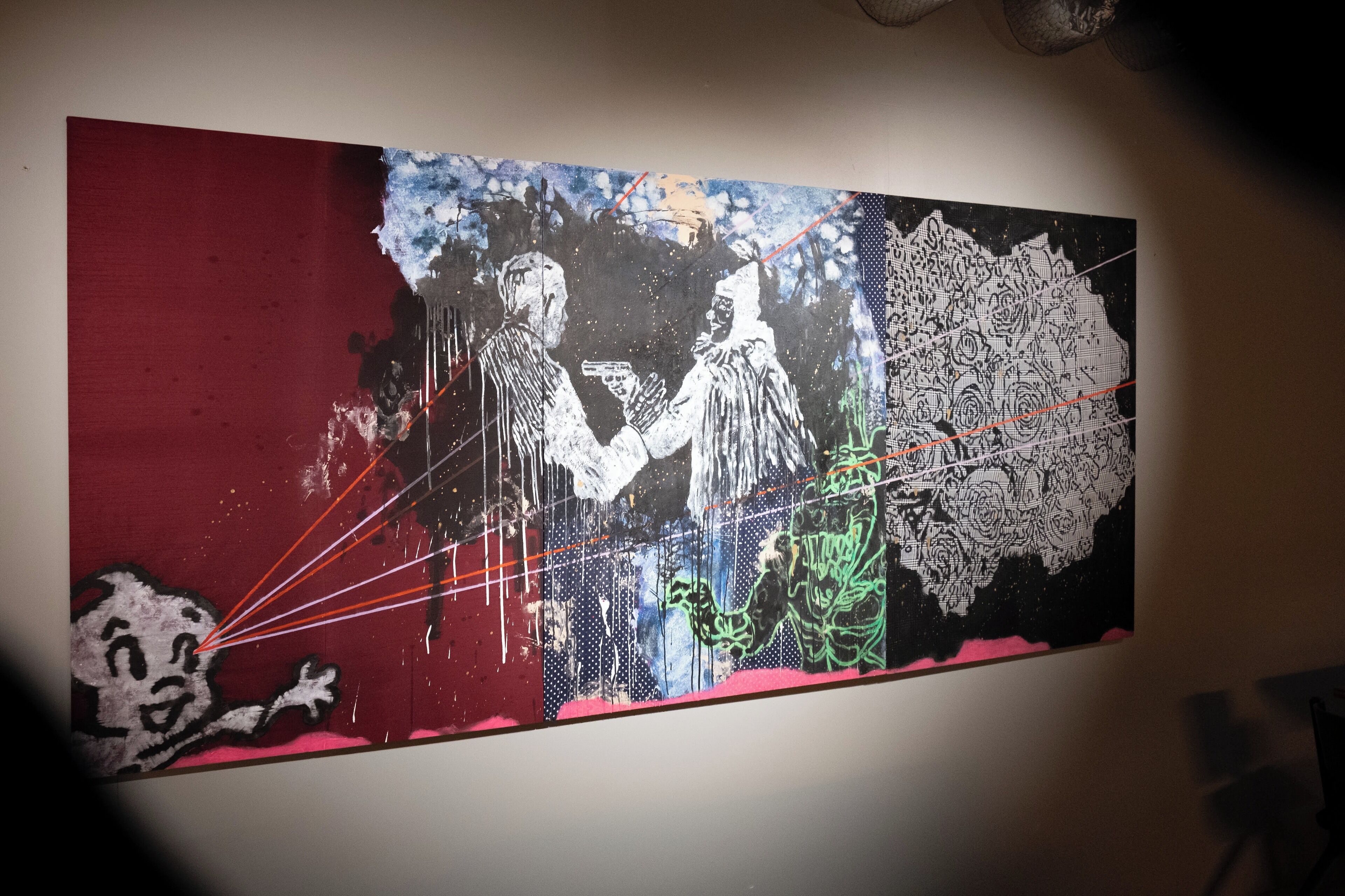 A large abstract painting with two figures, one holding a bow and arrow, and the other holding a sword.