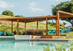 Outdoor pool, pool umbrellas, pool loungers