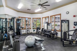 Stay fit and active with our well-equipped gym featuring exercise machines, free weights, and an exercise ball.