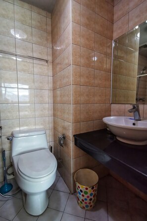 Une salle de bain équipée de toilettes, d’un lavabo et d’un miroir.