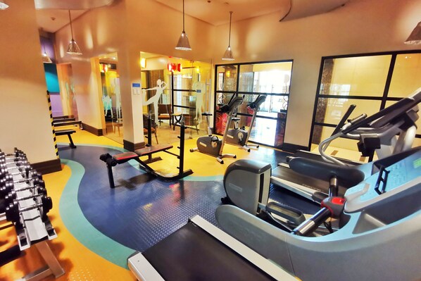 A gym with treadmills, weight machines, and a mirrored wall.