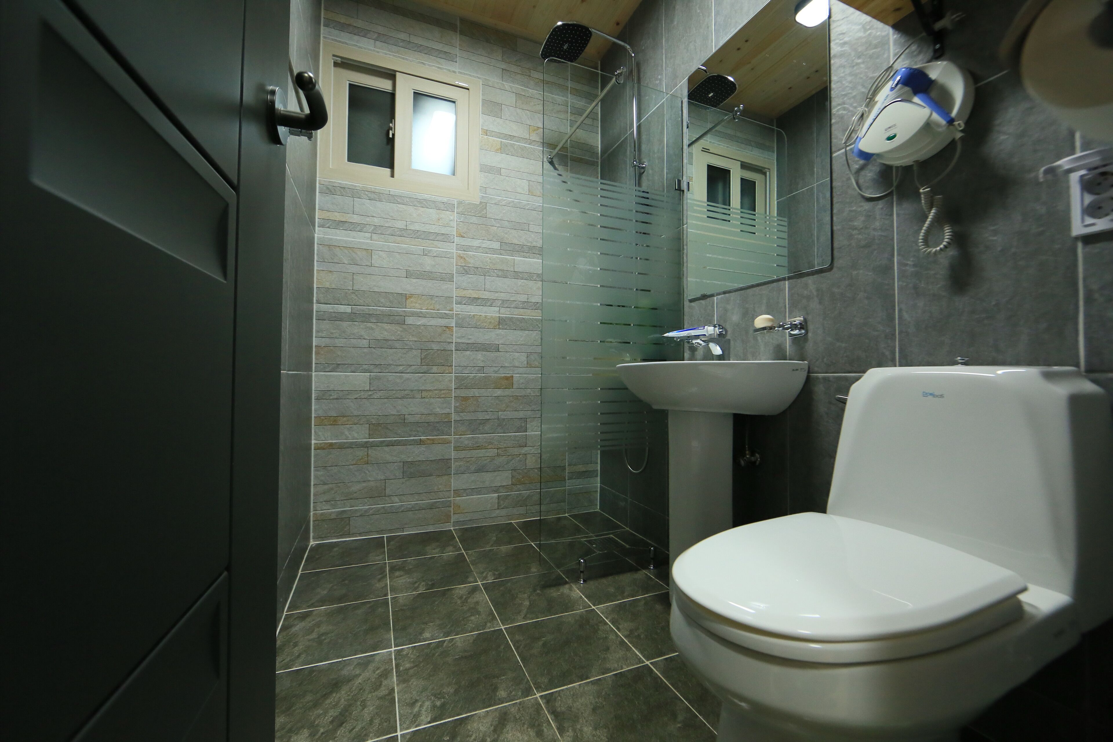 Une salle de bain avec douche, toilettes et lavabo.