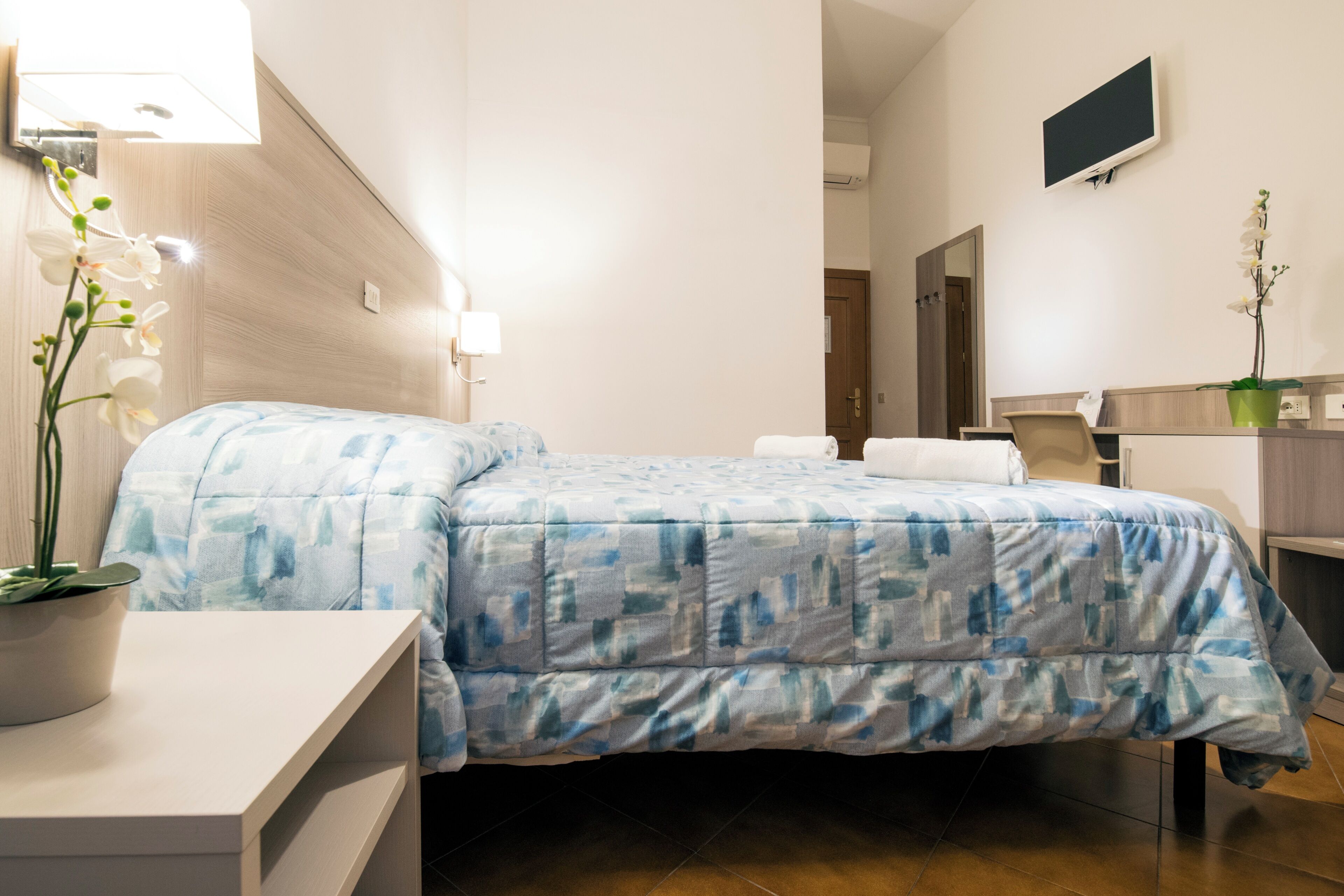 Une chambre d’hôtel comprenant un lit, une table de chevet, une plante en pot, un téléviseur à écran plat et un miroir.
