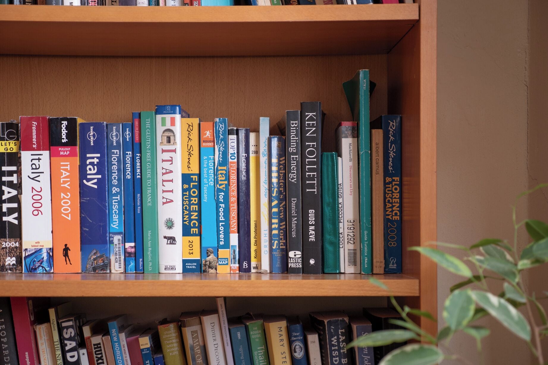A bookshelf with books on travel and history, including titles like 'Italy 2006' and 'Florence & Tuscany'.