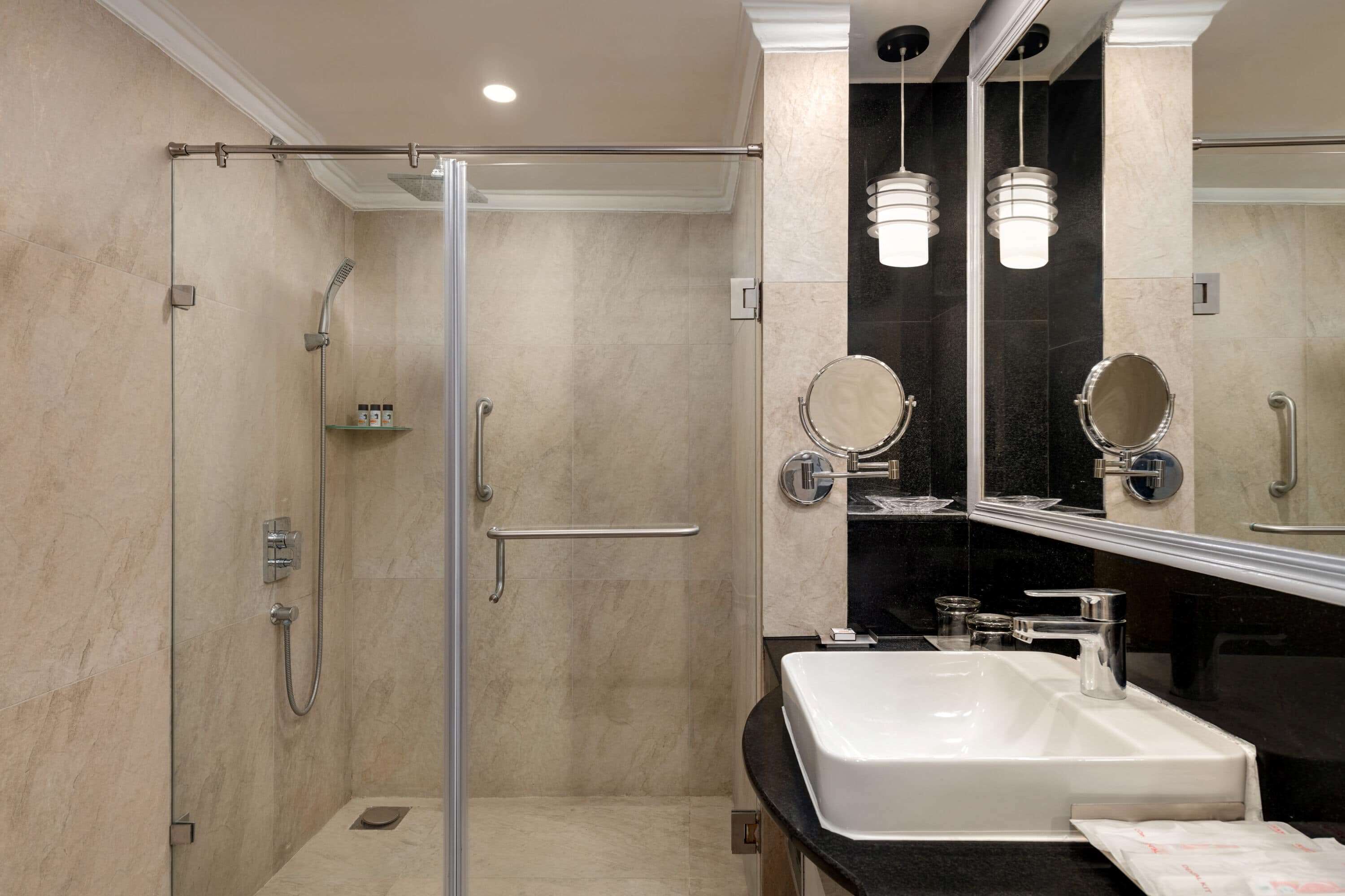 shower, rainfall showerhead, free toiletries, hair dryer