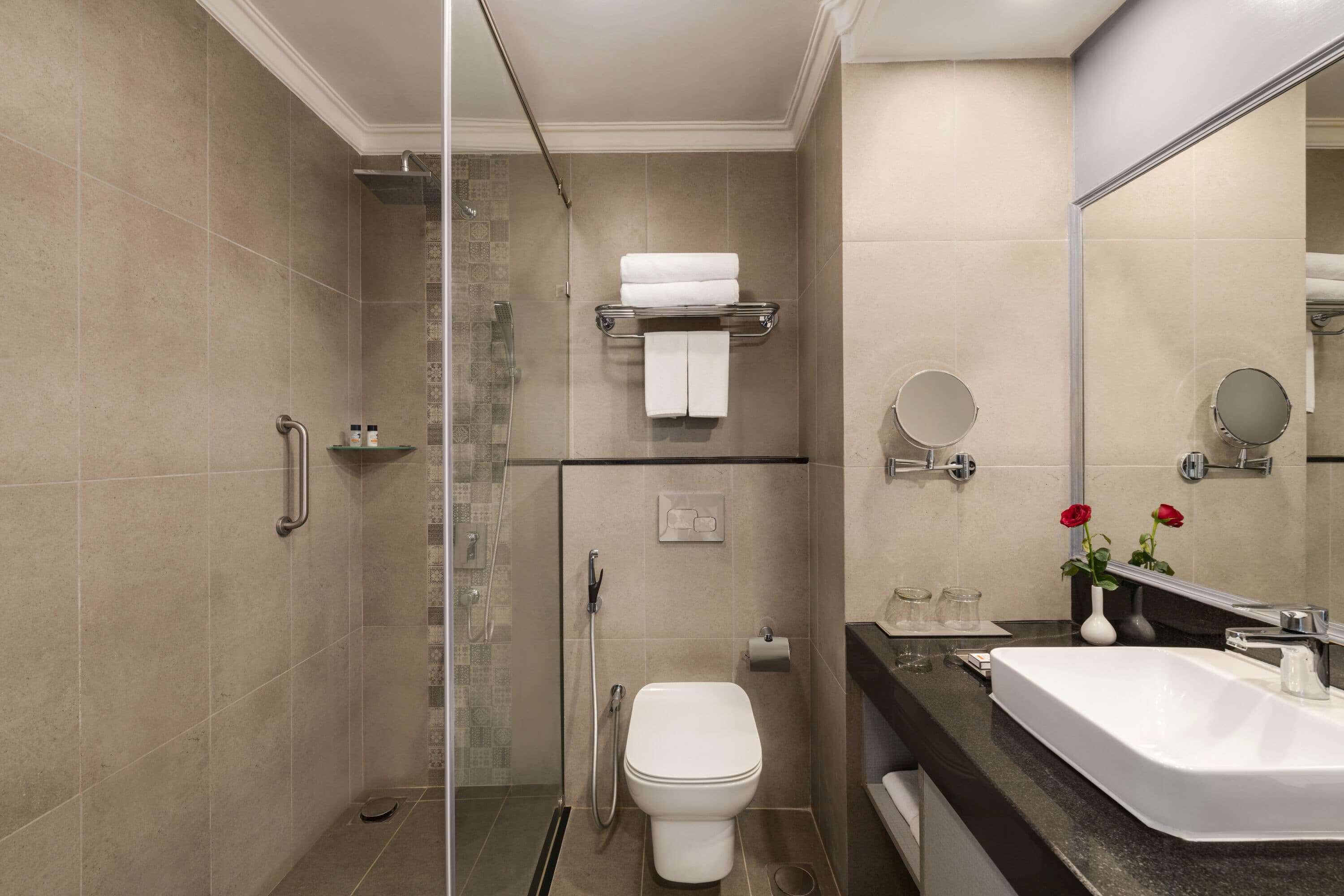 shower, rainfall showerhead, free toiletries, hair dryer