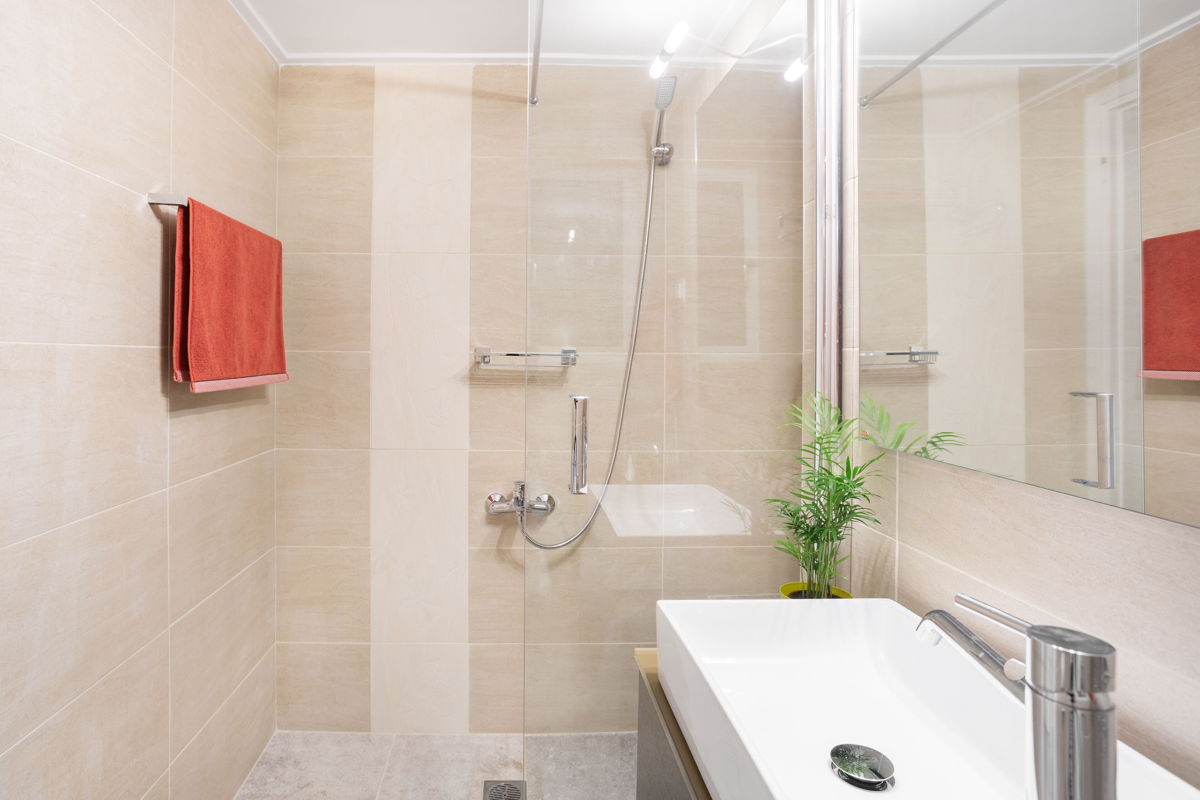 Une salle de bain moderne avec une douche, un lavabo et un miroir.