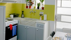 Een keuken met een fornuis, wastafel en een raam met potplanten.