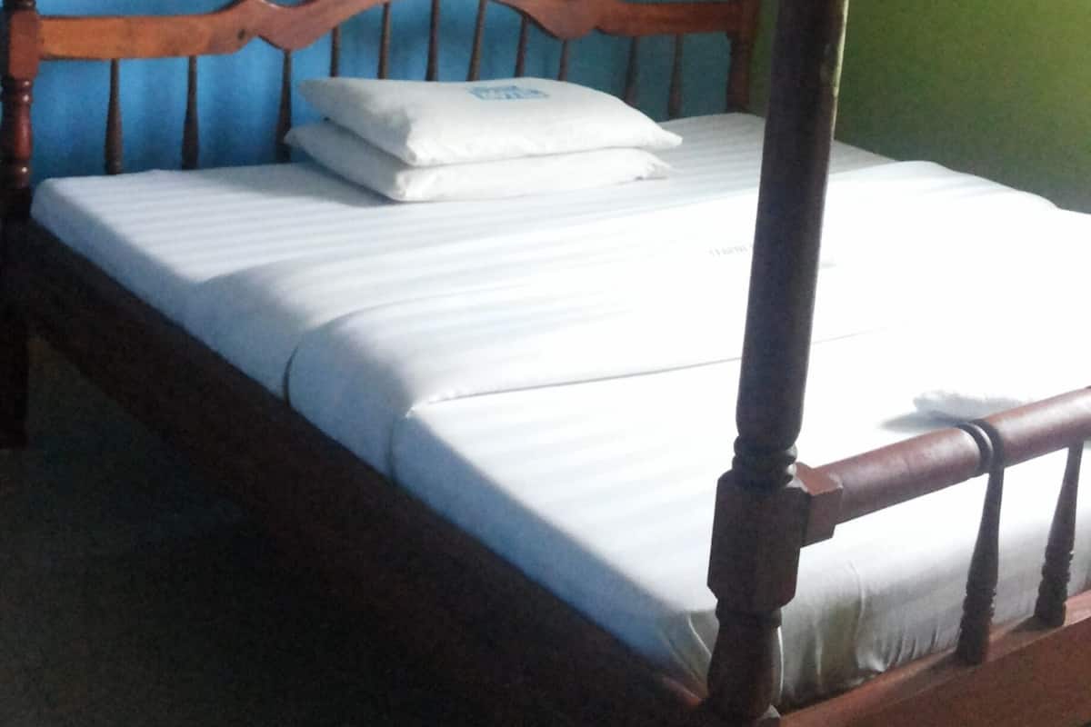 A single bed with a wooden frame and a white canopy, a wall fan, and a blue and green wall.