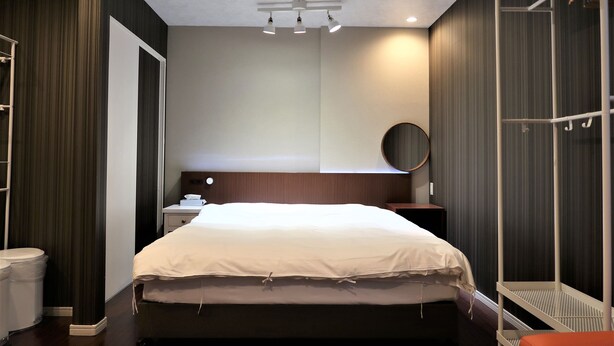 Una habitación de hotel moderna con una cama grande, una mesita de noche, un armario y una lámpara en el techo.