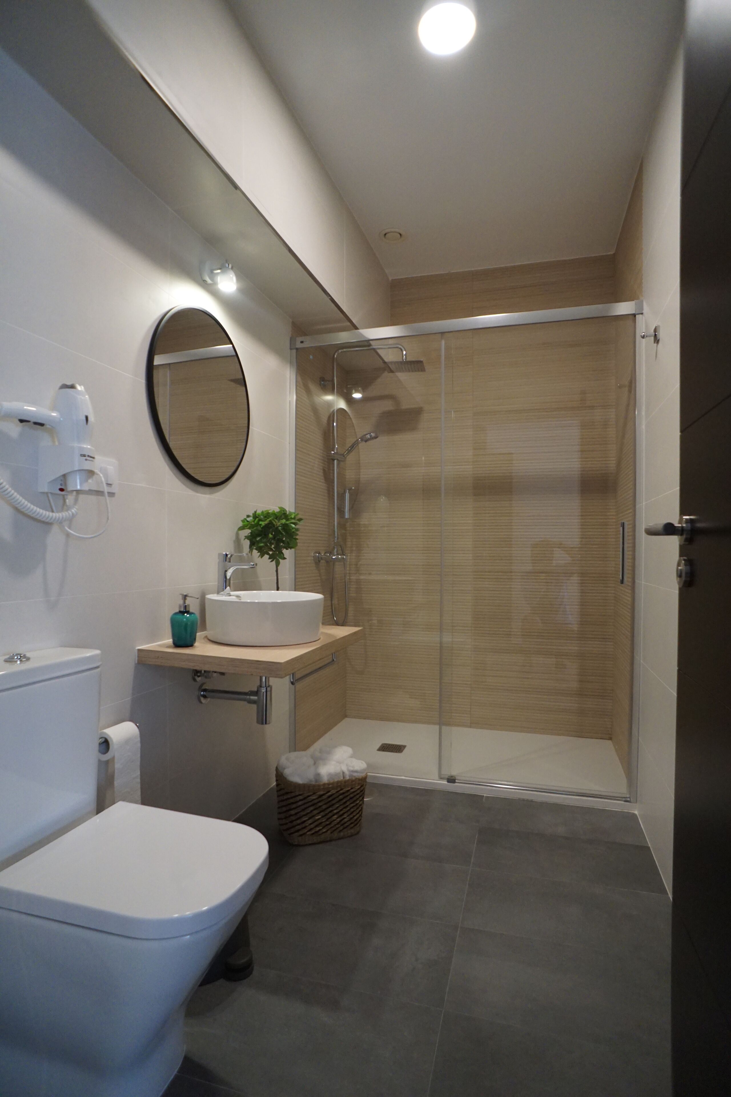 Tweepersoonskamer | Badkamer | Een douche, een haardroger, handdoeken, zeep