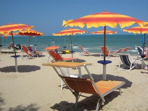 Une plage bordée de rangées de chaises longues et de parasols.