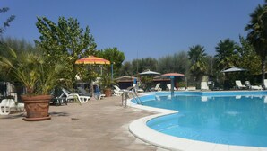 A swimming pool with lounge chairs and umbrellas, surrounded by potted plants and palm trees. - Victoria Mobilehome Village Residence Juliamare (Giulianova)