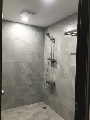 Shower, hair dryer, slippers