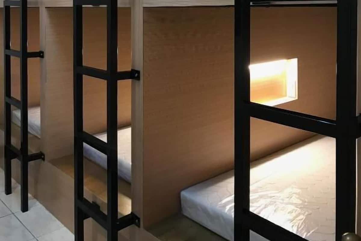 Bunk beds with attached ladders, wooden walls, and small windows.