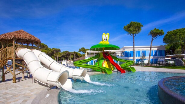 A water park with multiple slides and a large frog-themed water feature.