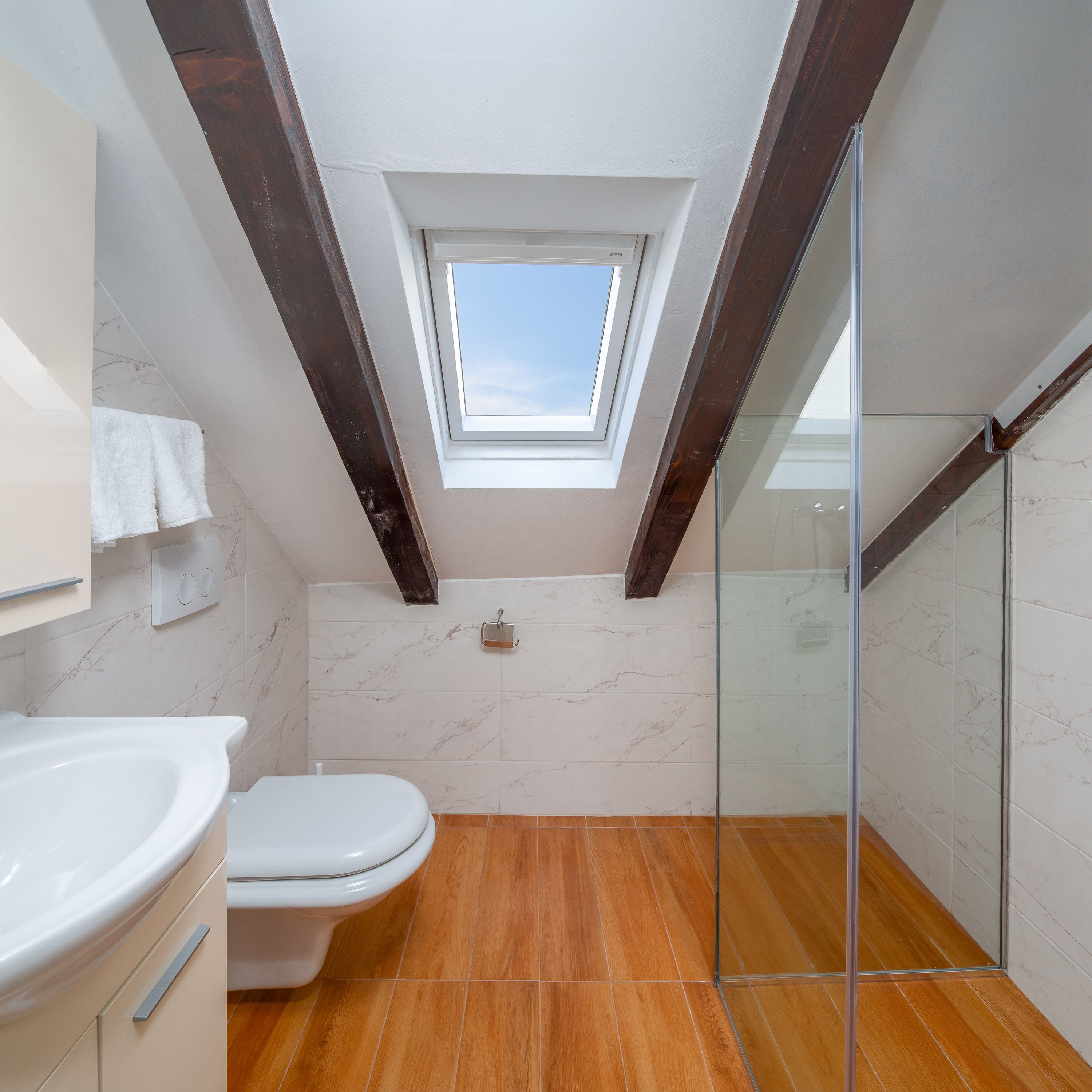 A modern bathroom with a skylight, a toilet, and a glass shower enclosure.