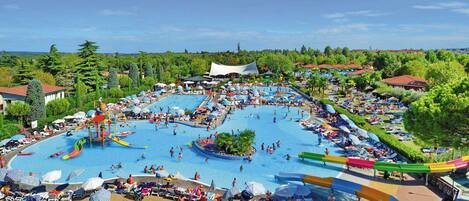 Seasonal outdoor pool, pool umbrellas, pool loungers