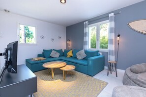 TV connectée, cheminée, livres, chaßne hi-fi