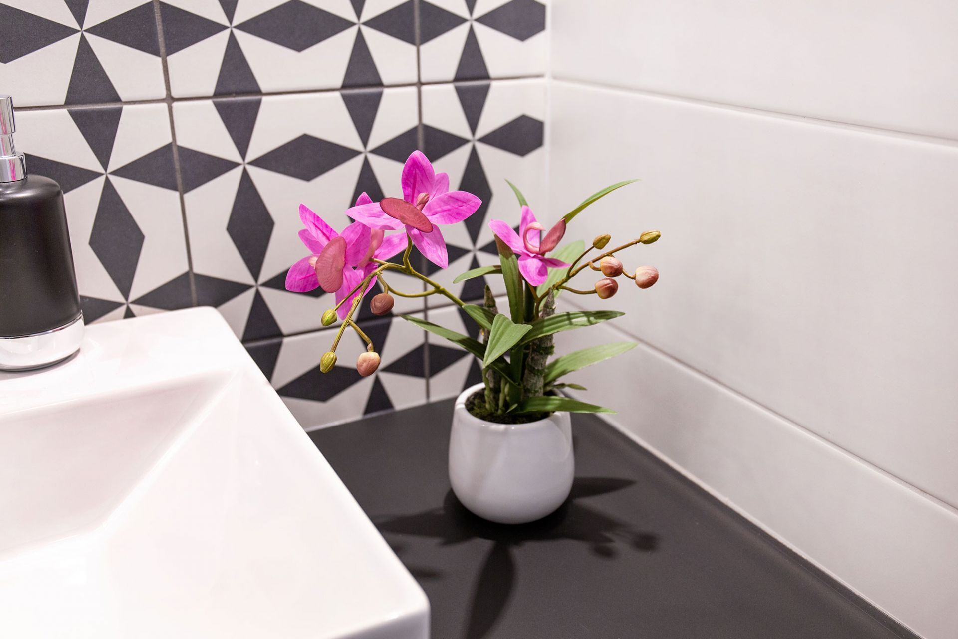 A bathroom with a white sink, a black and white tiled wall, and a potted orchid plant.