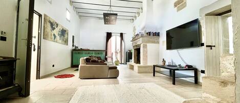 Televisión, chimenea y libros